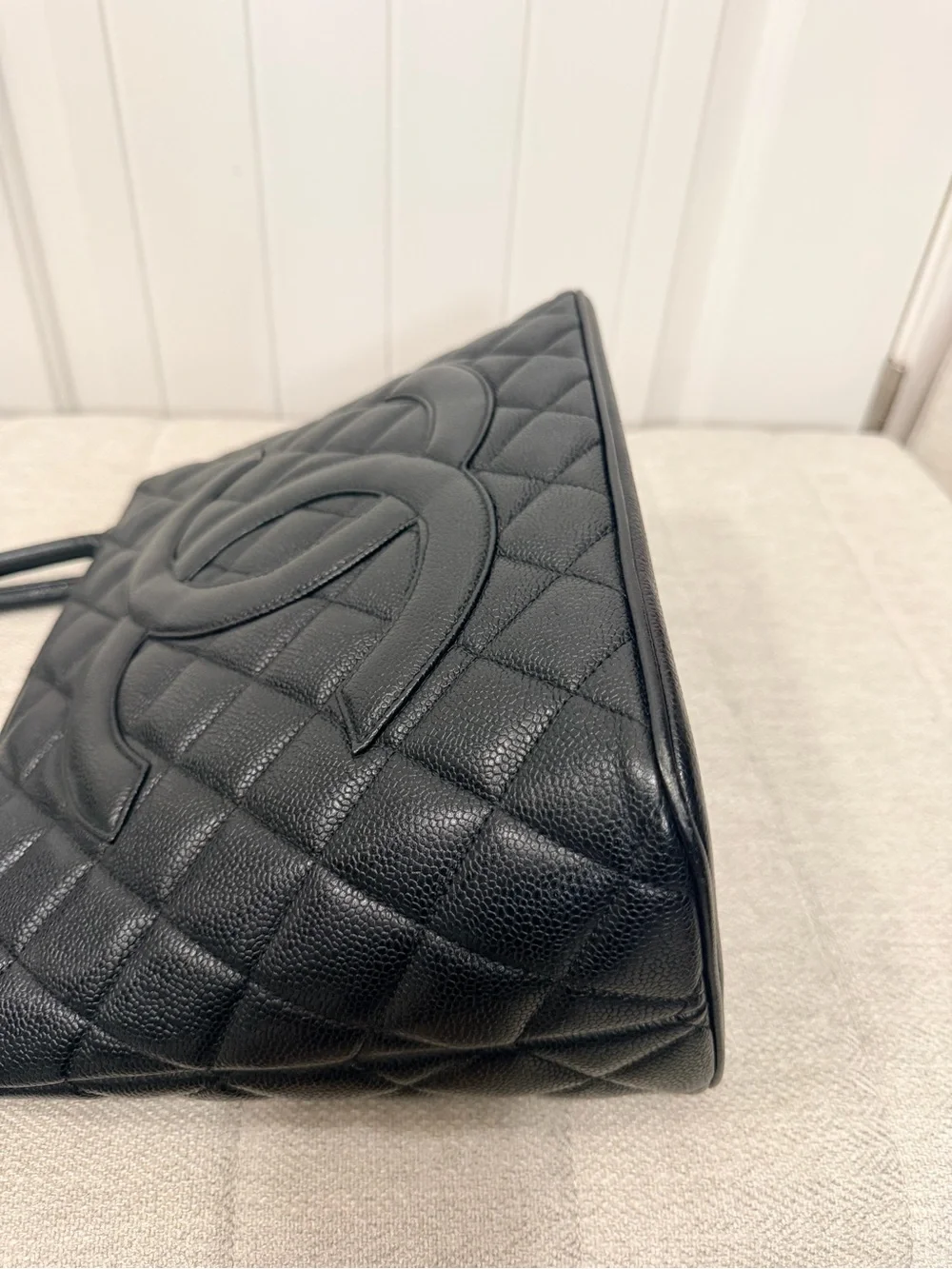 Vintage CHANEL Black Quilted Caviar Medallion Tote 24K gold-plated hardware